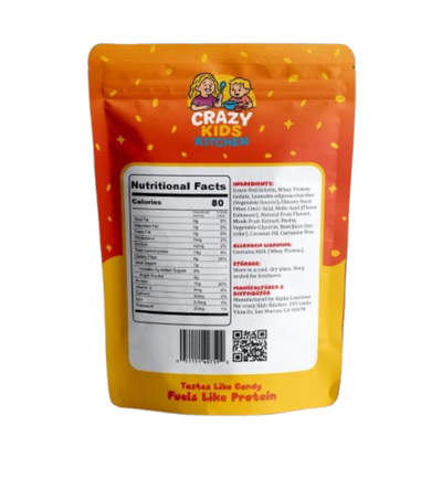 snack package from 'Crazy Kids Kitchen' with nutritional facts and ingredients listed.