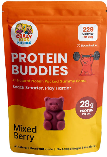 Package of Protein Buddies Gummy Bears by Crazy Kitchen on a white background