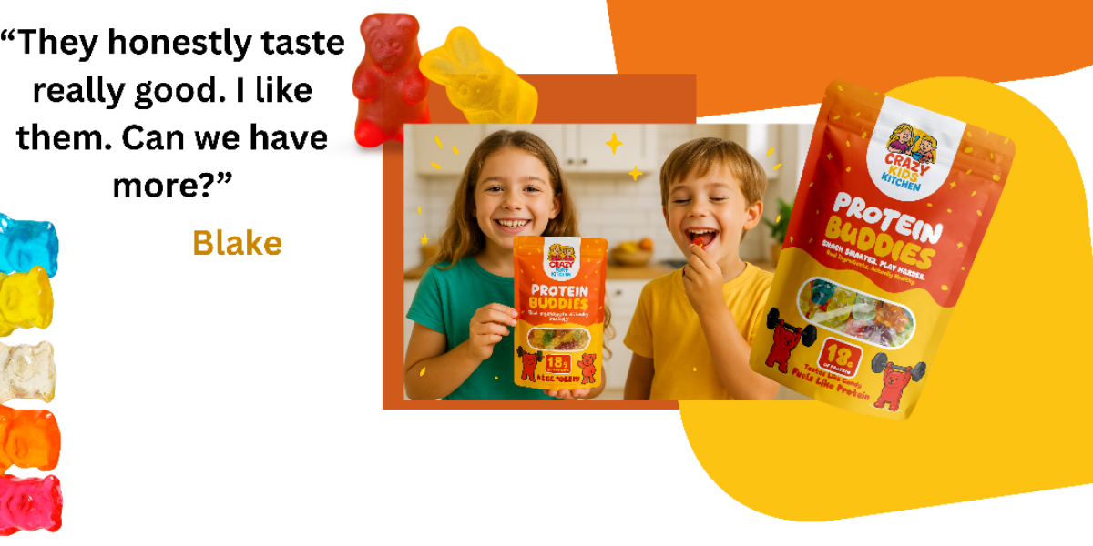 Children holding Protein Bunnies packages with gummy bears on a white background