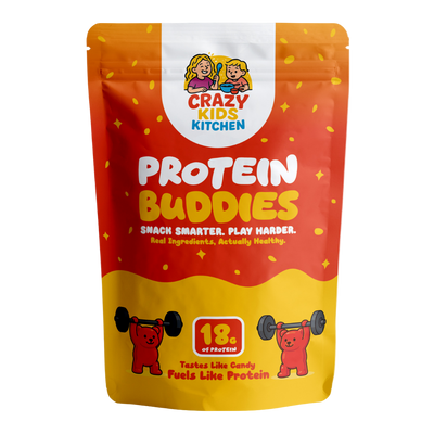 Protein snack package for kids with 'Crazy Kids Kitchen' branding on a white background