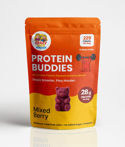 Package of Protein Buddies Gummy Bears by Crazy Kitchen on a white background